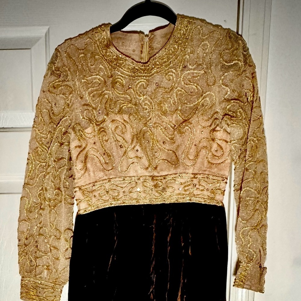 Vintage Couture Hand, Beaded Gold, Metallic, Brown Velvet rhinestone, Crystal